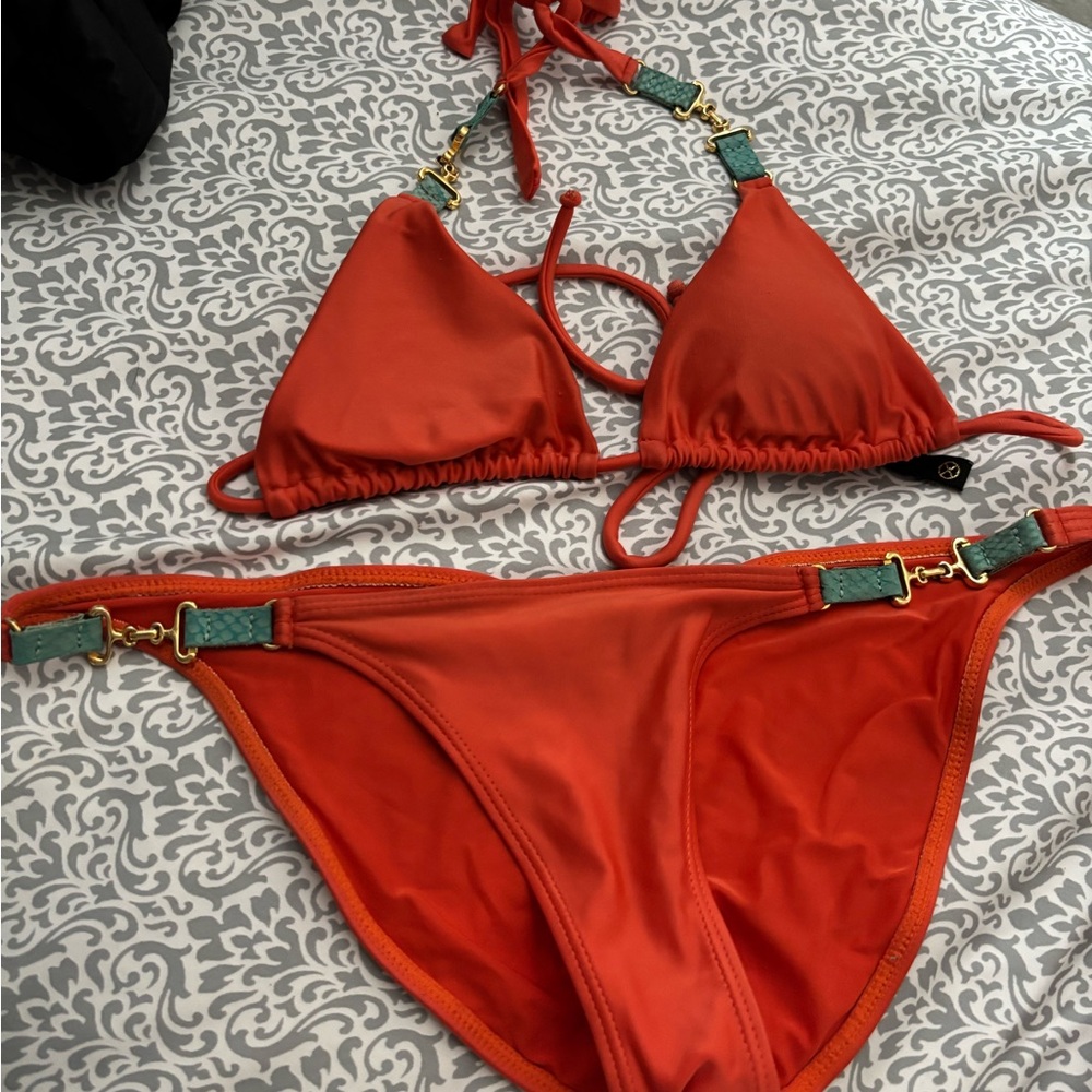 beach bunny orange Bikini Set with Green Accents
